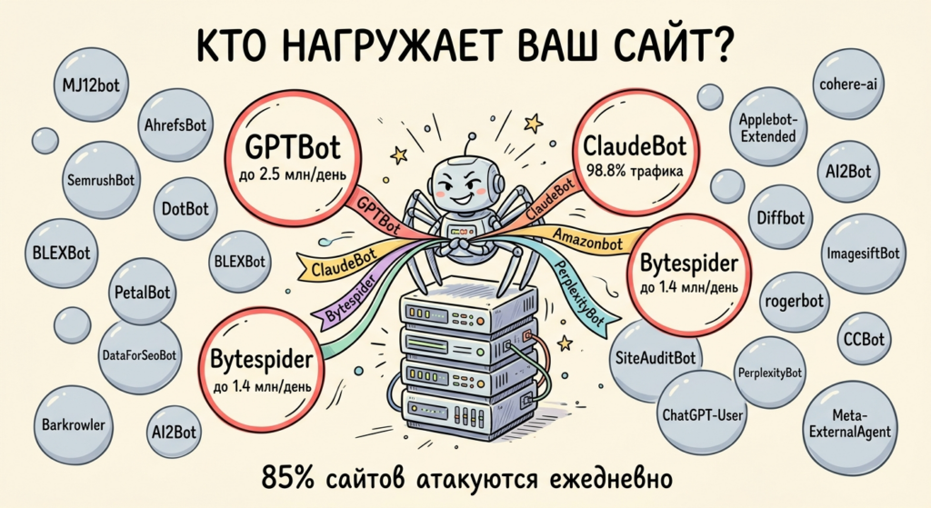 Инфографика о нагрузке ботов на сайты. Веселый робот-паук управляет потоками трафика от GPTBot, ClaudeBot, Bytespider и других AI-агентов. Статистика активности ботов