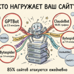 Инфографика о нагрузке ботов на сайты. Веселый робот-паук управляет потоками трафика от GPTBot, ClaudeBot, Bytespider и других AI-агентов. Статистика активности ботов